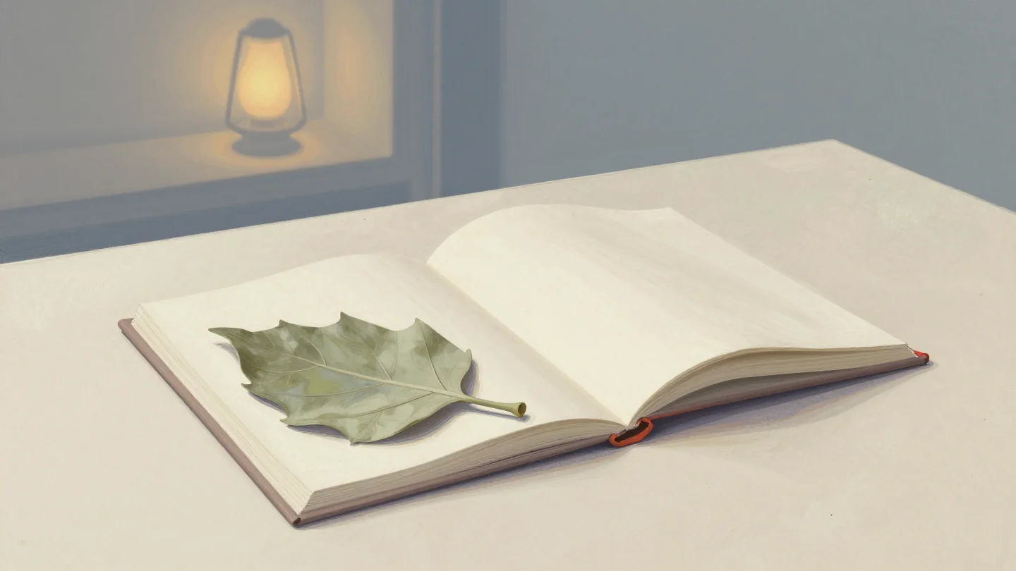 An open book on a pale table with a pressed leaf resting across its pages.