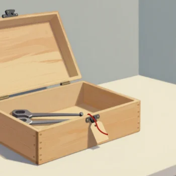 An open wooden toolbox on a bench with a pair of pliers inside and a small blank paper tag tied on with red string.