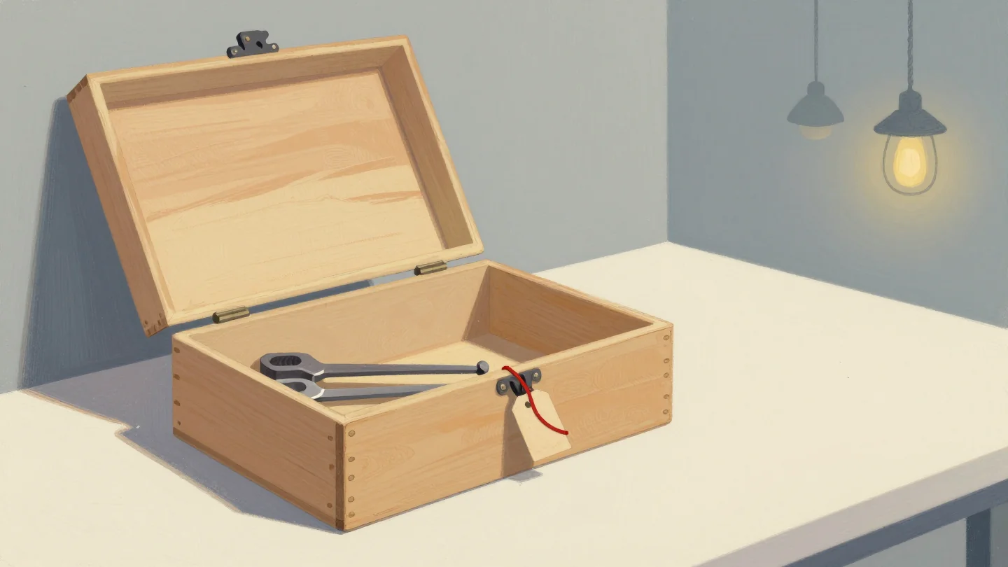 An open wooden toolbox on a bench with a pair of pliers inside and a small blank paper tag tied on with red string.