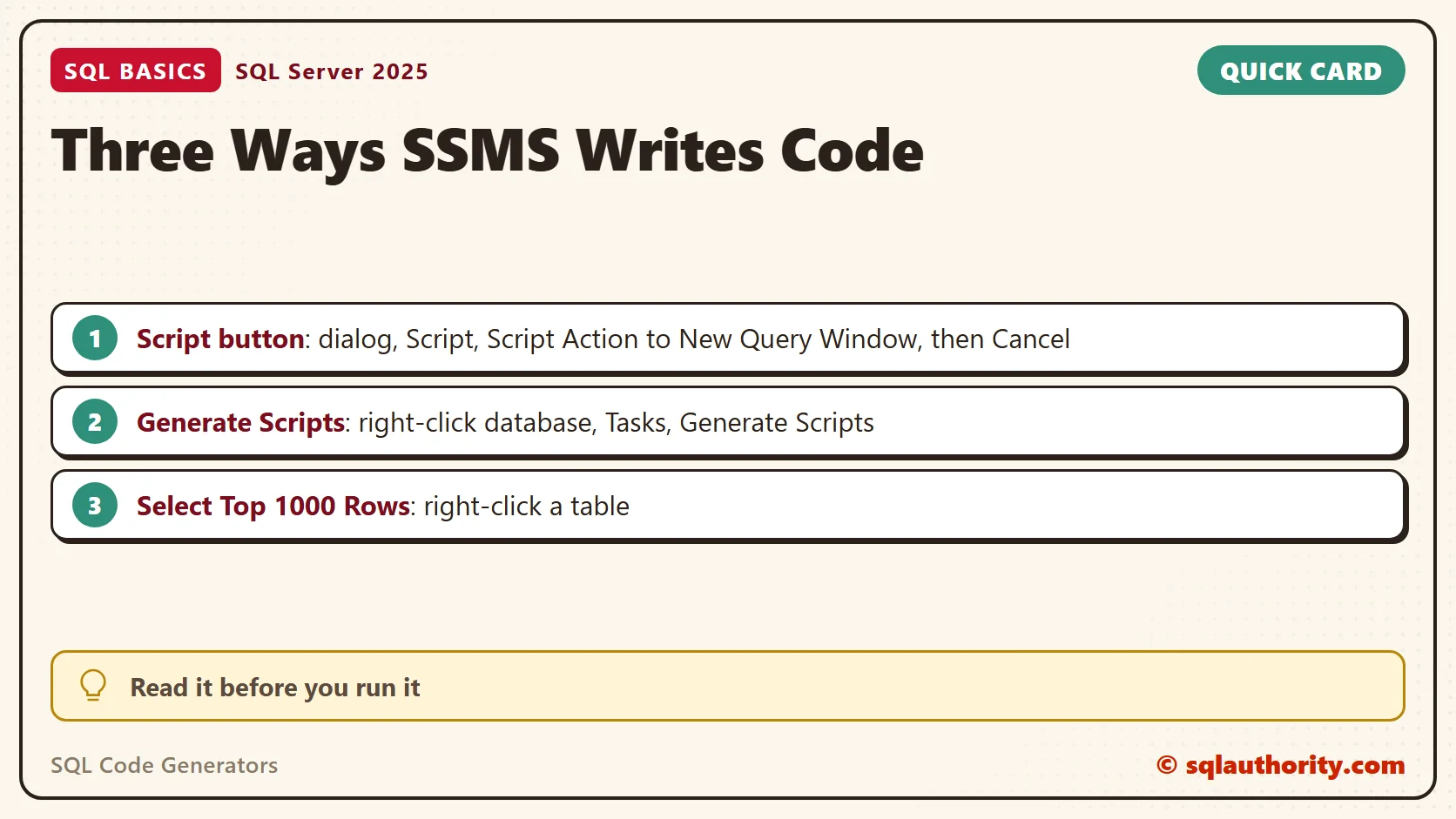 Card titled Three Ways SSMS Writes Code: Script button: dialog, Script, Script Action to New Query Window, then Cancel; Generate Scripts: right-click database, Tasks, Generate Scripts; Select Top 1000 Rows: right-click a table. Tip: Read it before you run it.
