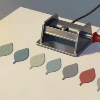 A small metal press with a red handle beside a row of leaf shapes cut from clay, one leaf colored red.