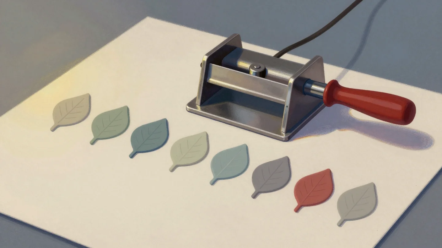 A small metal press with a red handle beside a row of leaf shapes cut from clay, one leaf colored red.
