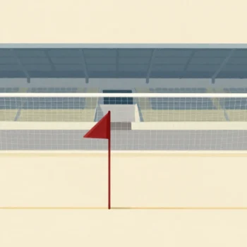 A practice football goal on a training pitch matching the stadium goal behind it, a red corner flag between