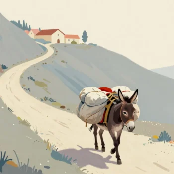 A donkey with full panniers and a red blanket walking a mountain path.