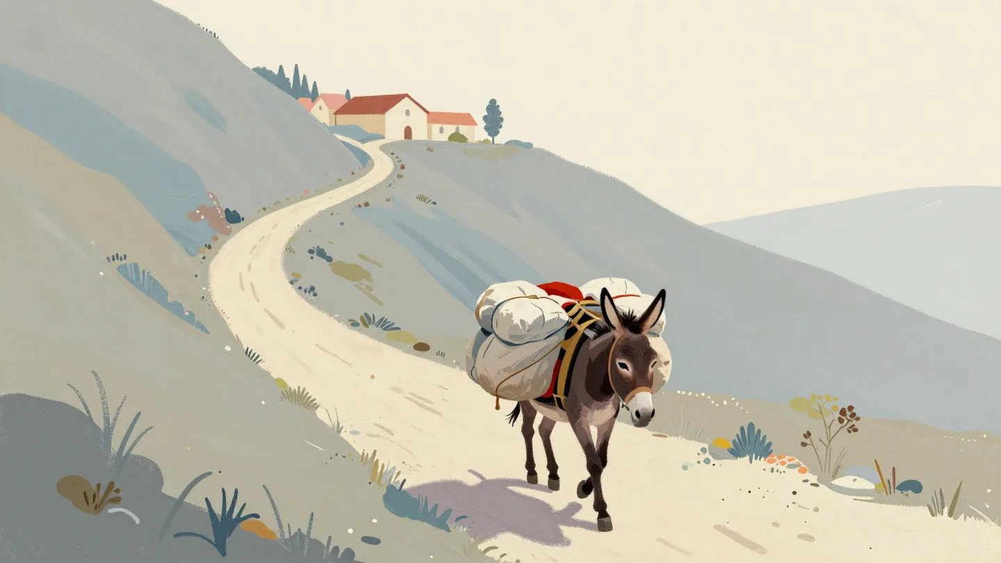 A donkey with full panniers and a red blanket walking a mountain path.