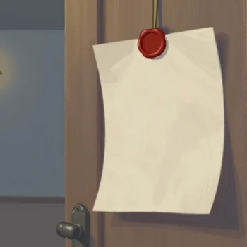 A blank sheet of paper pinned to a wooden door with a red wax seal, a small brass bell hanging in the hallway.