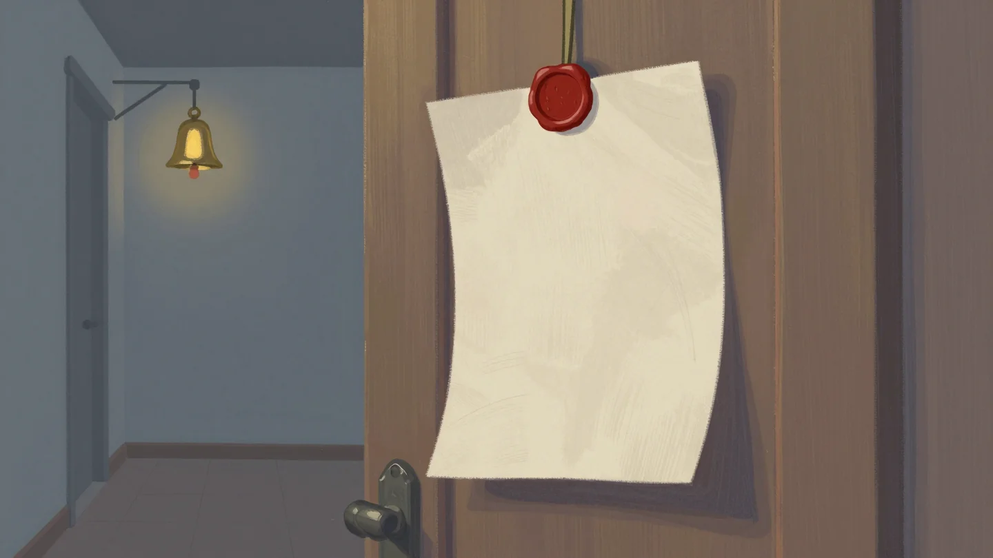 A blank sheet of paper pinned to a wooden door with a red wax seal, a small brass bell hanging in the hallway.