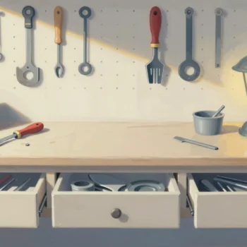 A tidy workshop bench with open drawers of sorted parts and tools hanging on a pegboard, a lamp glowing at one end.