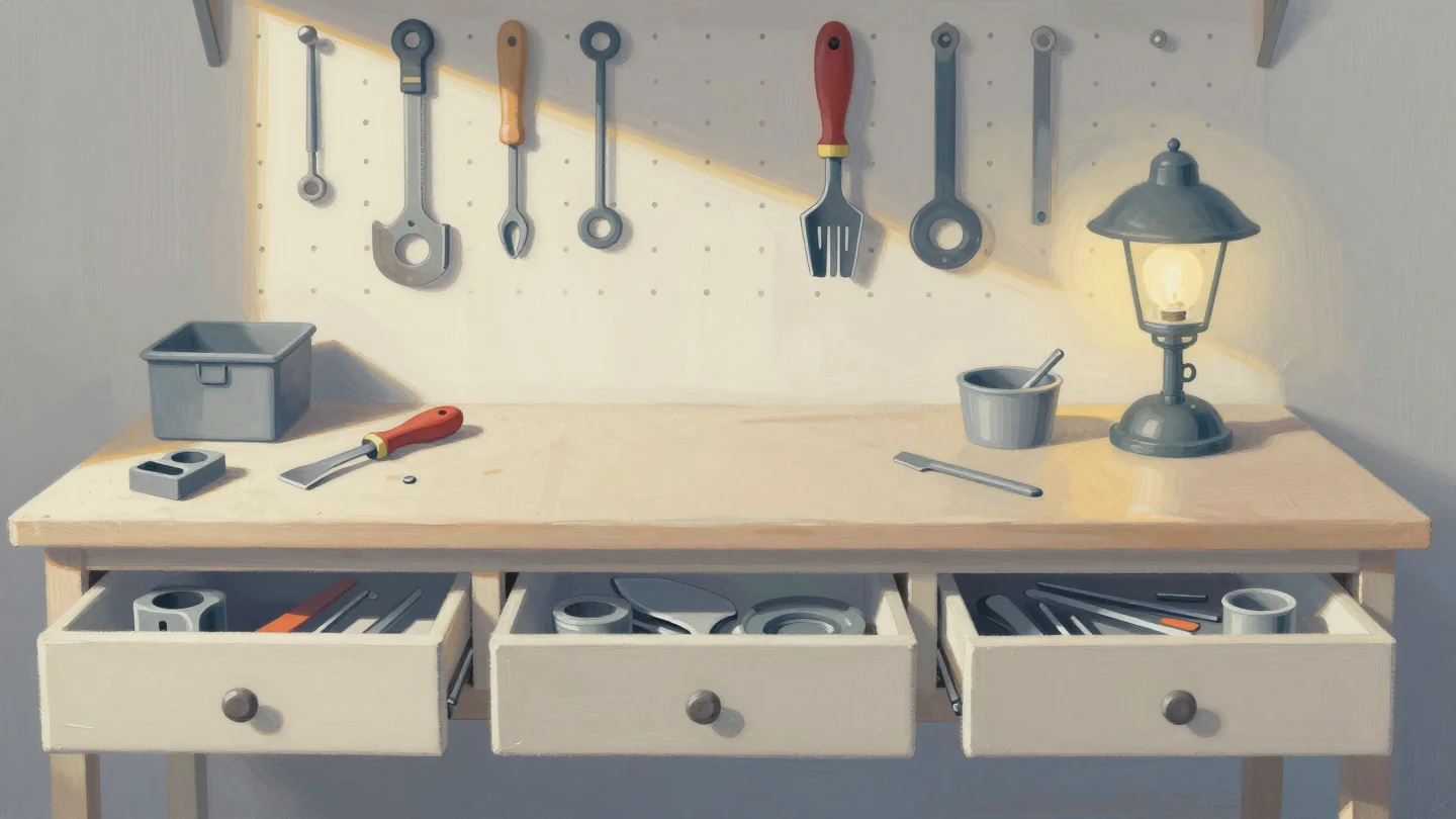 A tidy workshop bench with open drawers of sorted parts and tools hanging on a pegboard, a lamp glowing at one end.