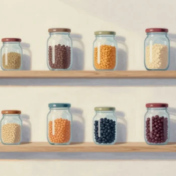 Two wall shelves of glass jars, each jar holding a different grain, lentil or bean, one jar with a red lid.