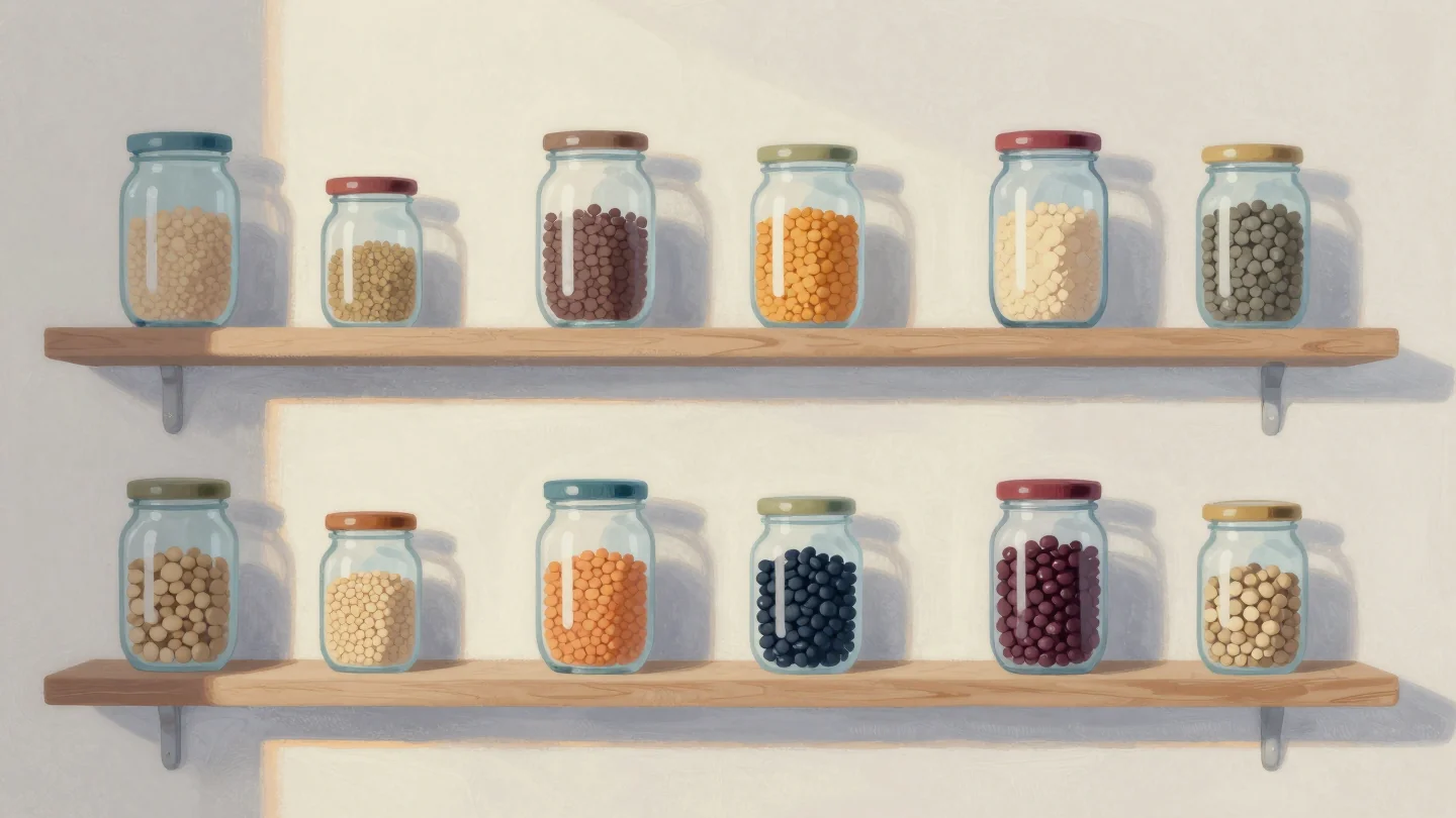 Two wall shelves of glass jars, each jar holding a different grain, lentil or bean, one jar with a red lid.