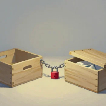 Two wooden storage boxes on the floor joined by a short chain locked with a red padlock, one lid open.