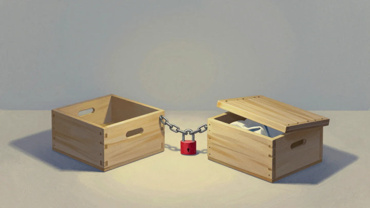 Two wooden storage boxes on the floor joined by a short chain locked with a red padlock, one lid open.