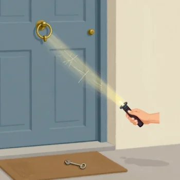A torch beam lighting fine scratches around a brass keyhole on a front door at night, a key on the mat