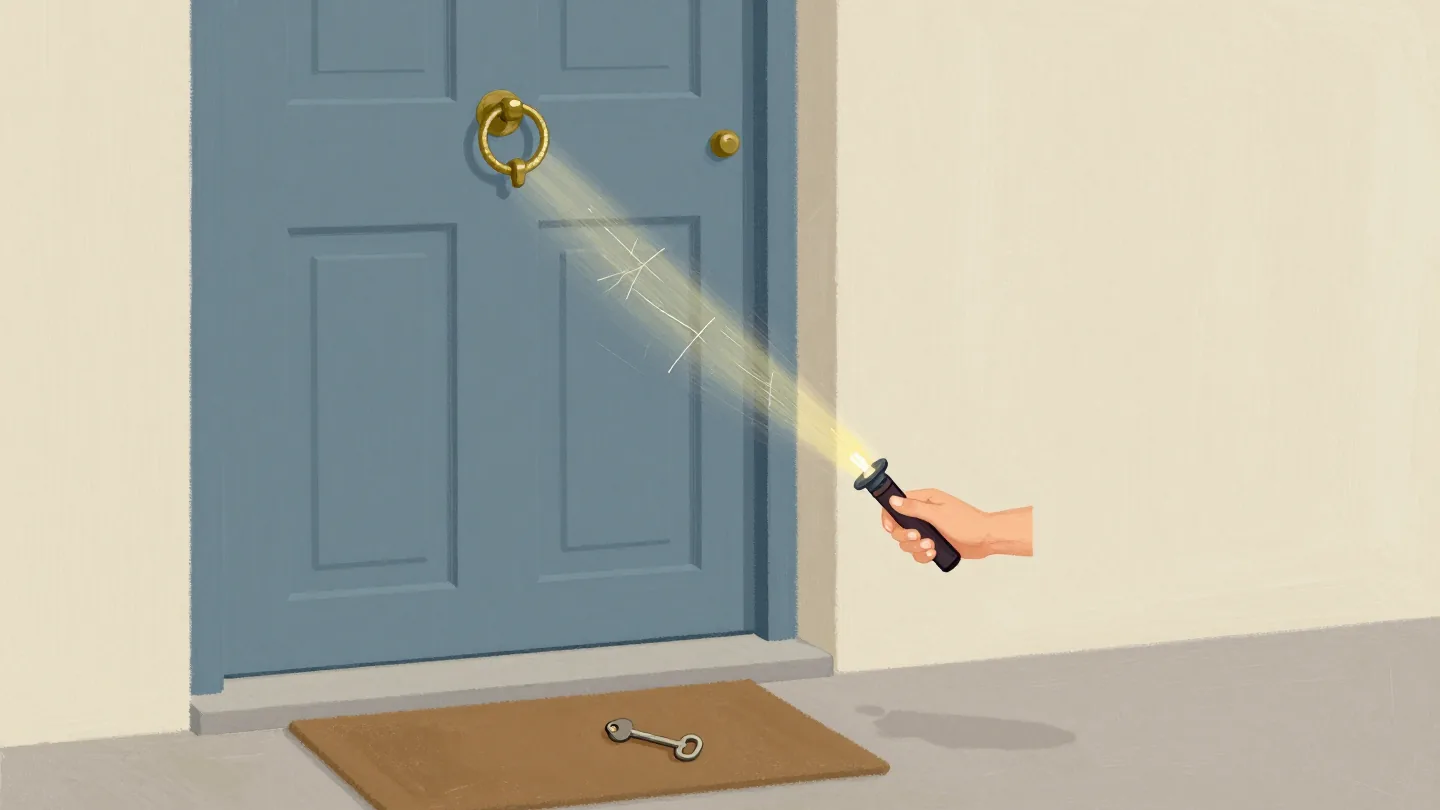 A torch beam lighting fine scratches around a brass keyhole on a front door at night, a key on the mat