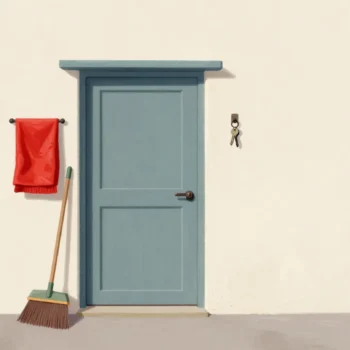 The back door of a small bakery with an oiled deadbolt, a fire blanket, a spare key on a hook and a broom.