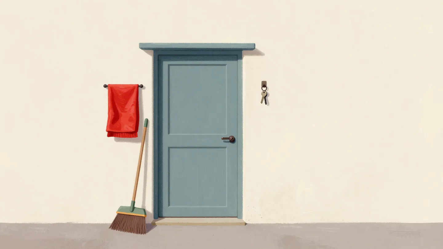 The back door of a small bakery with an oiled deadbolt, a fire blanket, a spare key on a hook and a broom.