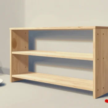 A new wooden shelf unit standing on a workshop floor beside a small dish of wooden pegs, one red peg nearby.