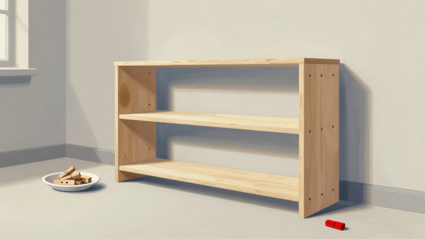 A new wooden shelf unit standing on a workshop floor beside a small dish of wooden pegs, one red peg nearby.