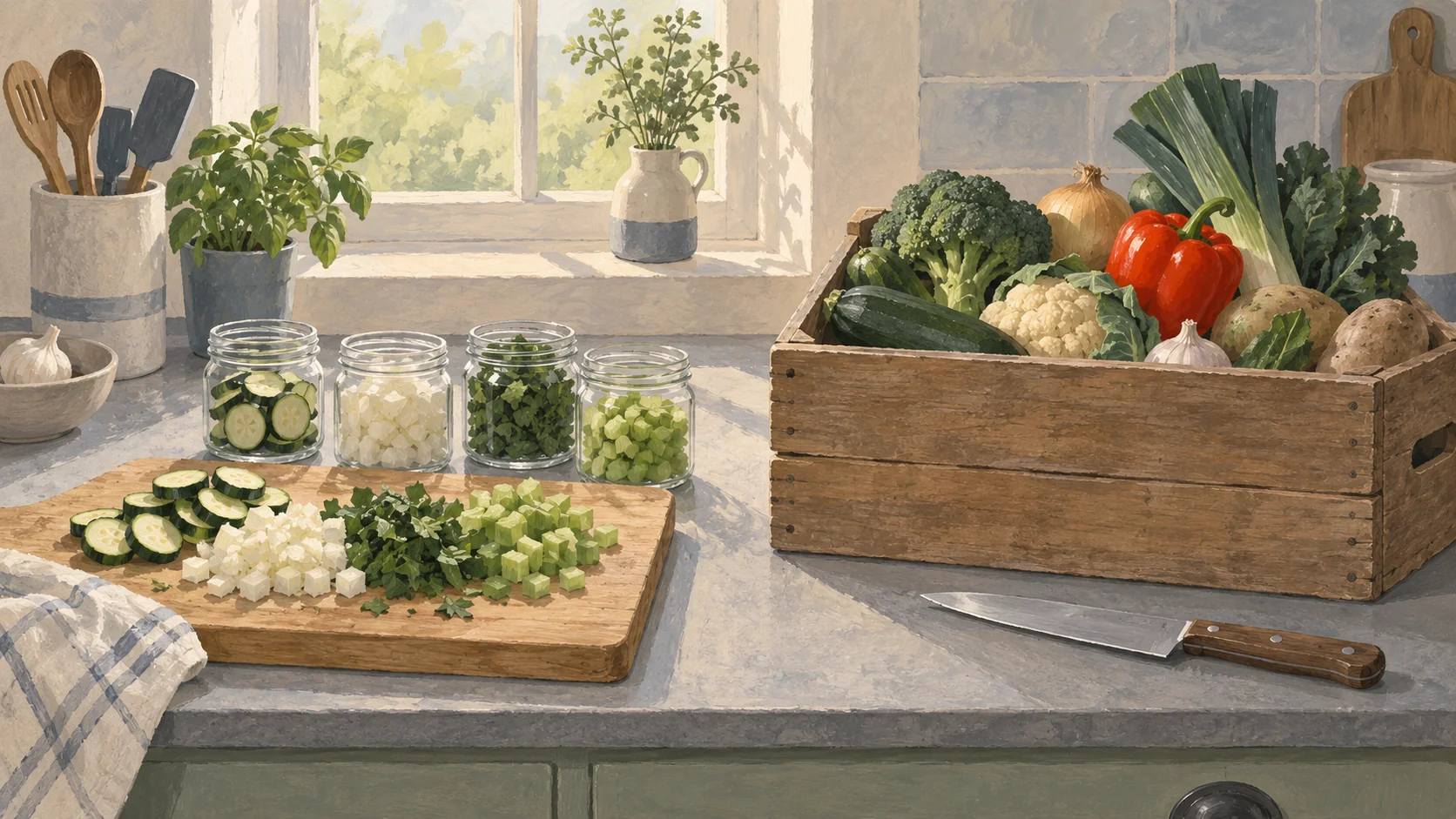 Gouache painting of a kitchen counter split in two: on the left, chopped vegetables going neatly into small jars; on the right, whole vegetables in a large wooden crate with a knife beside it, and one vermilion bell pepper in the crate.