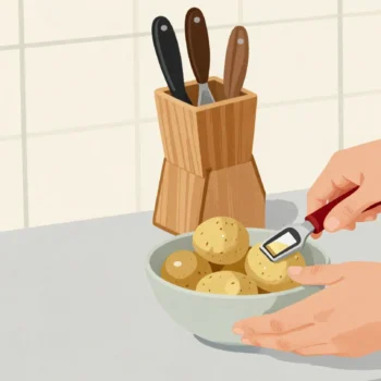 One hand passing a small red-handled peeler to another, while a full knife block stays untouched behind.