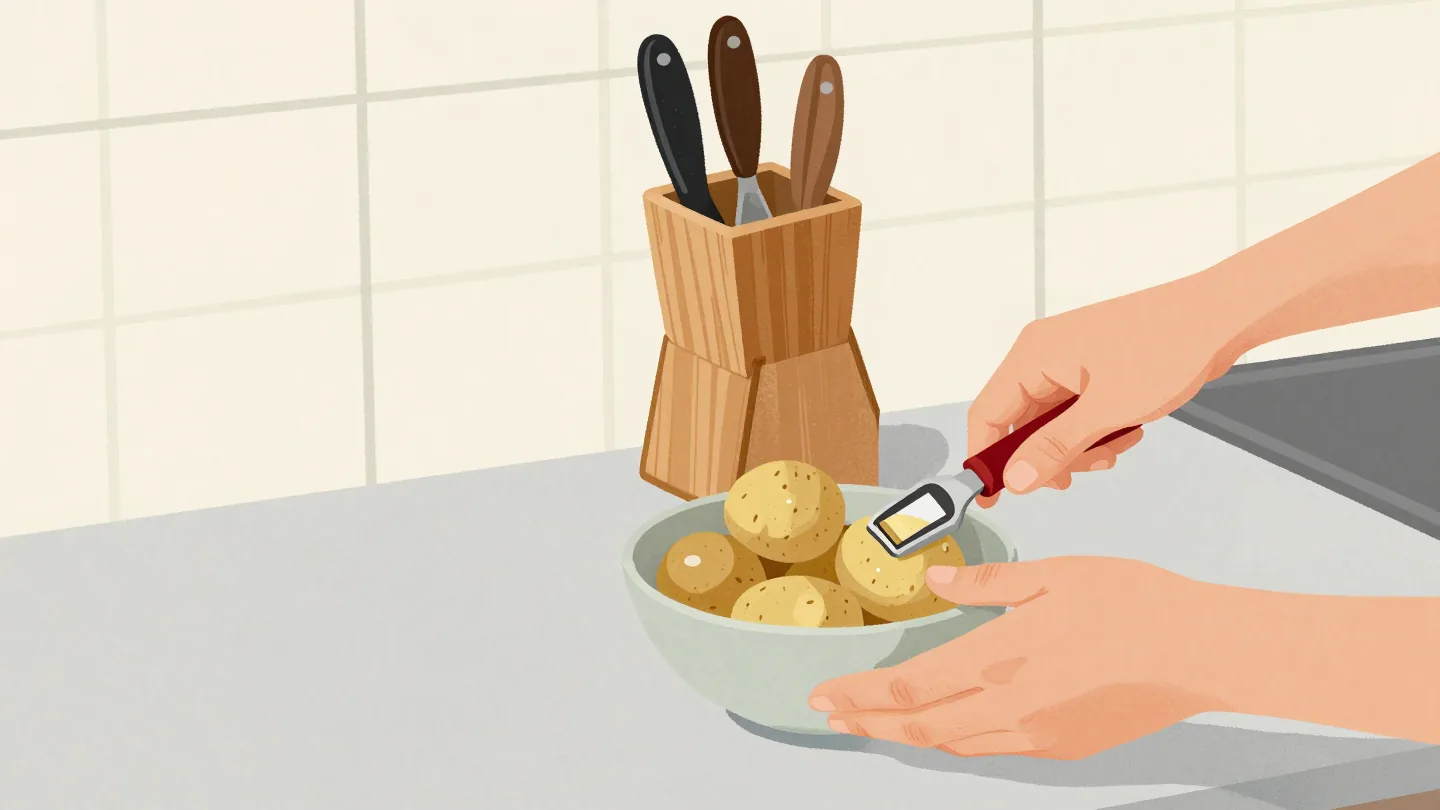 One hand passing a small red-handled peeler to another, while a full knife block stays untouched behind.