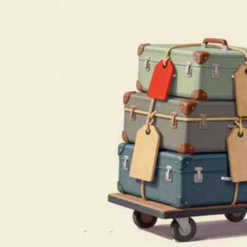 A platform luggage cart of suitcases each carrying a huge wooden tag, except one with a small vermilion tag.