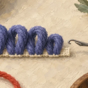A latch hook beside overlapping yarn loops and a short final loop