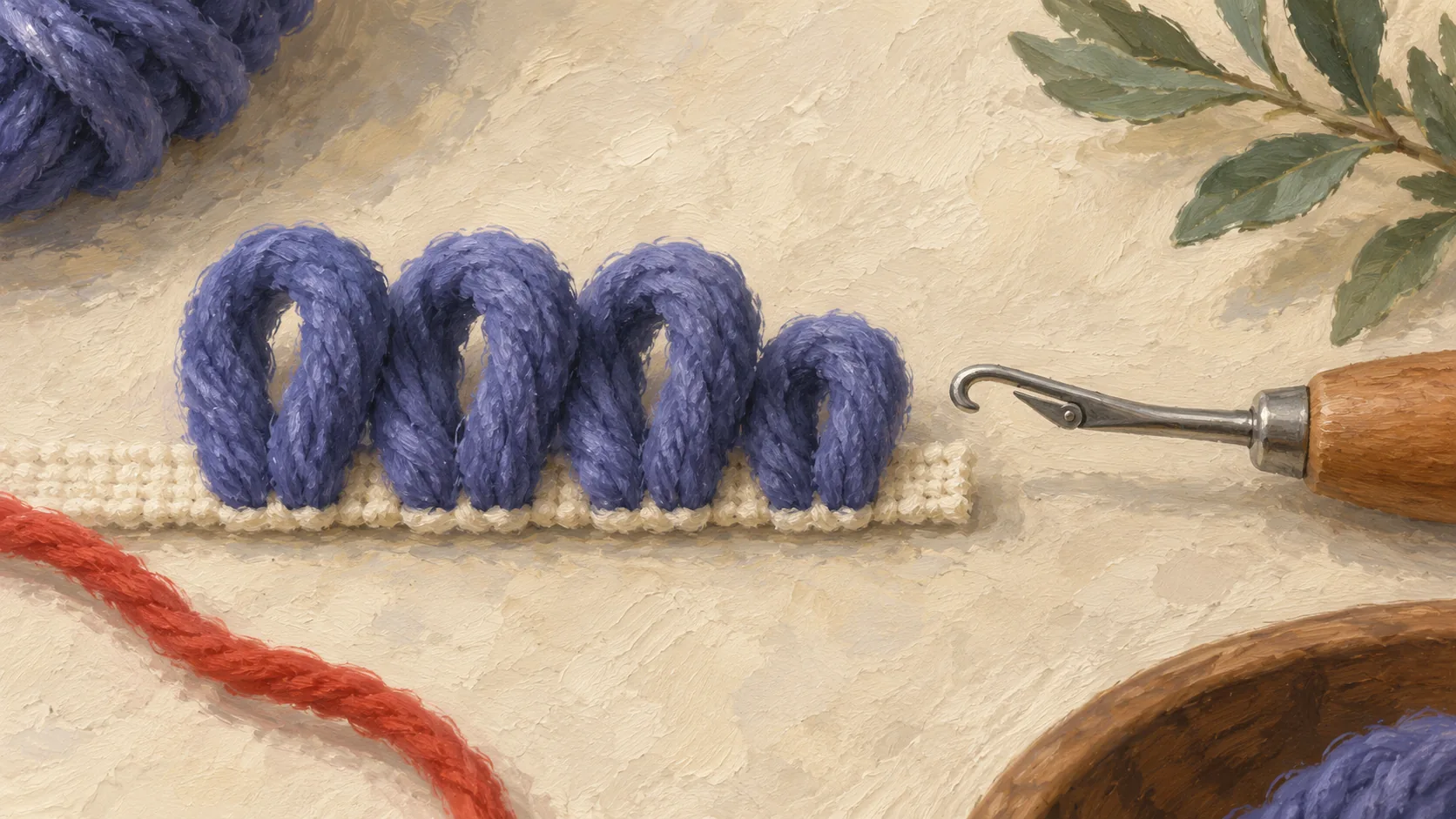 A latch hook beside overlapping yarn loops and a short final loop