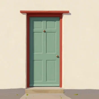 An open cottage door painted green outside, still red on the inside.