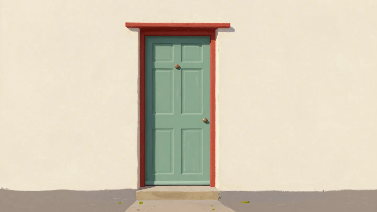 An open cottage door painted green outside, still red on the inside.