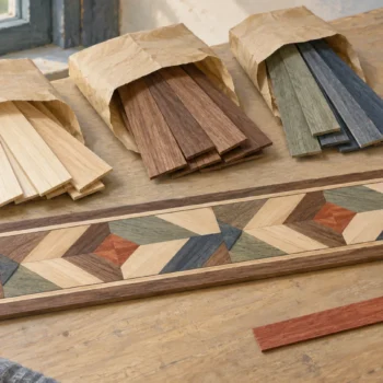 Veneer packets beside one aligned marquetry band and an unused duplicate strip