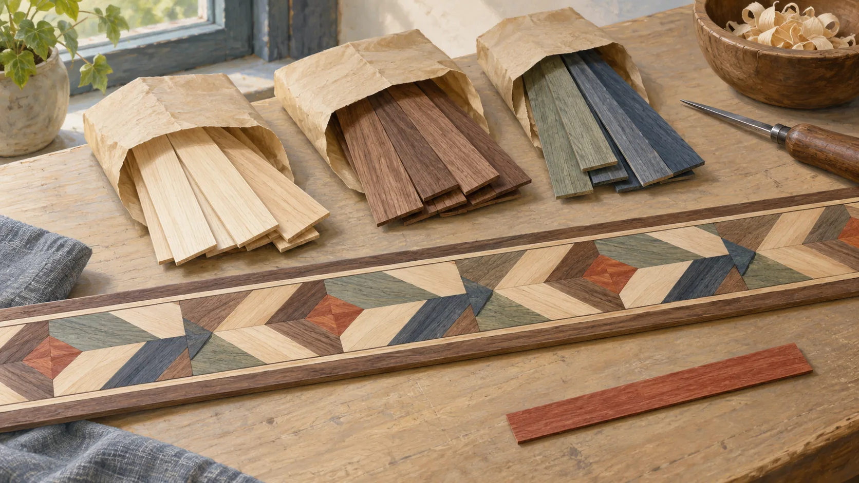 Veneer packets beside one aligned marquetry band and an unused duplicate strip