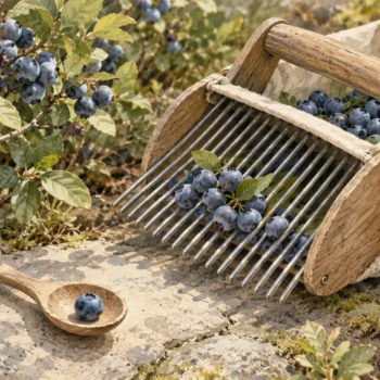 Berry picker gathering several berries beside one berry handled separately