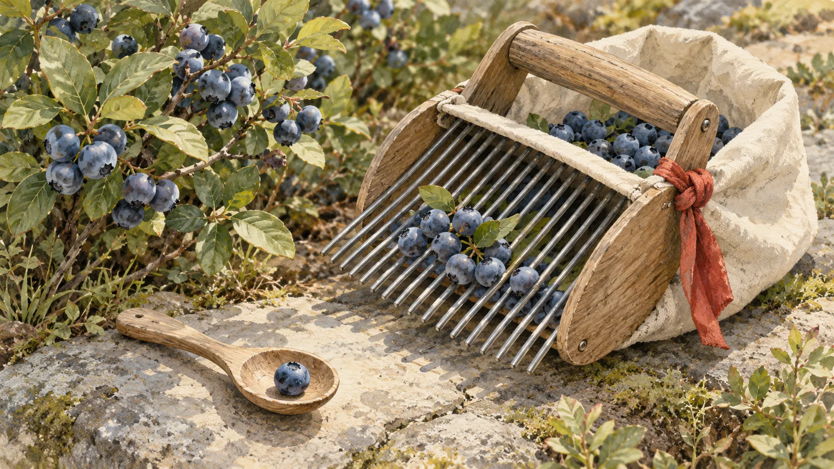 Berry picker gathering several berries beside one berry handled separately