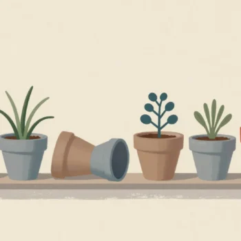 A shed shelf of clay pots, several turned upside down among growing plants.