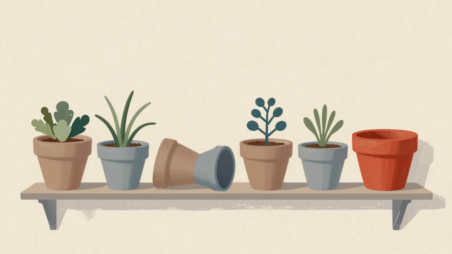 A shed shelf of clay pots, several turned upside down among growing plants.