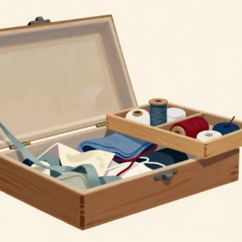 An open sewing box with a tangle of scraps and threads below and a top tray of spools in neat compartments.