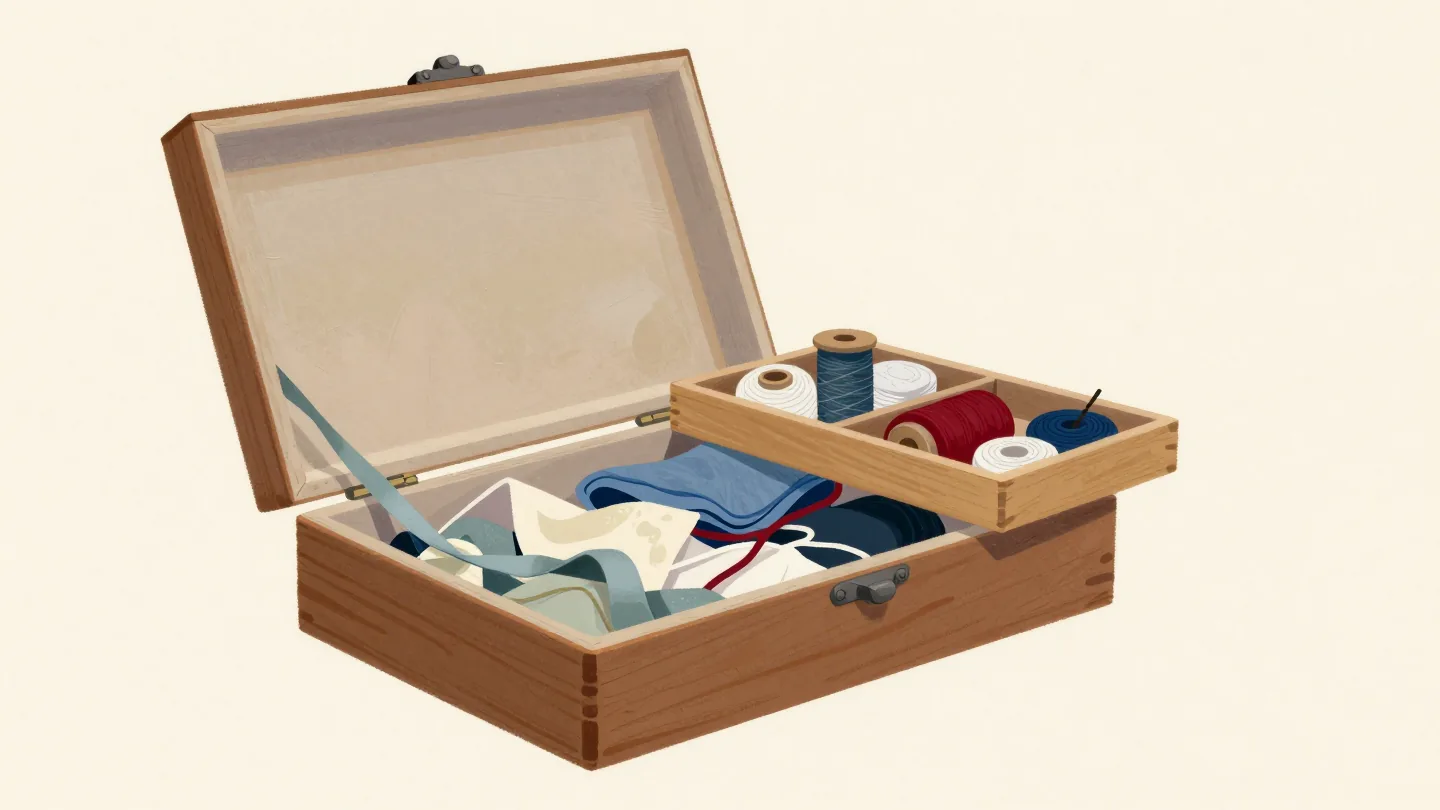 An open sewing box with a tangle of scraps and threads below and a top tray of spools in neat compartments.
