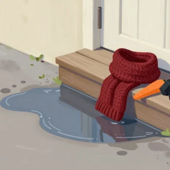A puddle on the path, with a red scarf, a carrot and coal saved on the step
