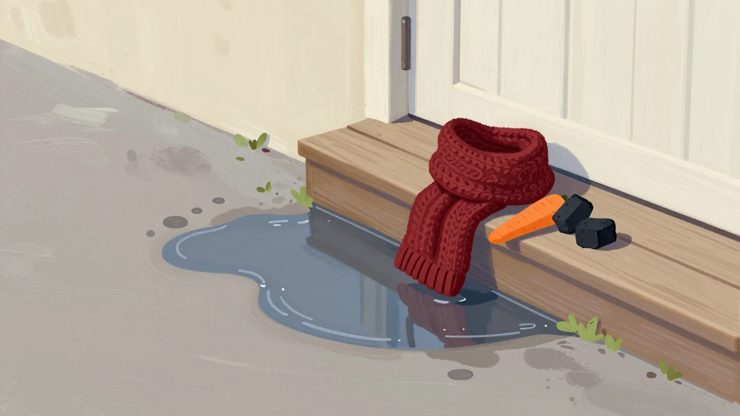 A puddle on the path, with a red scarf, a carrot and coal saved on the step