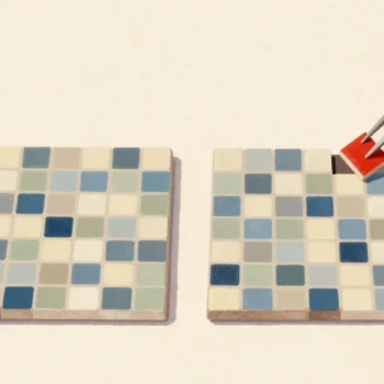 Two nearly matching tile mosaic panels side by side on a bench, tweezers holding one red tile