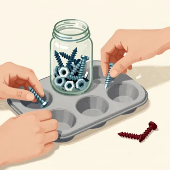 Hands sorting loose screws and nuts into a muffin tin, one cup empty and one bent screw set apart