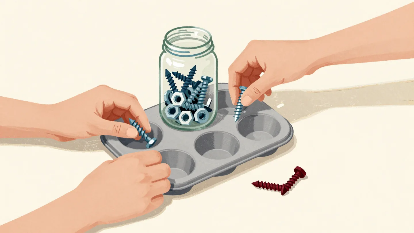 Hands sorting loose screws and nuts into a muffin tin, one cup empty and one bent screw set apart