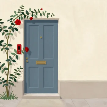 A rose branch pressing a red doorbell in the wind with nobody at the door.