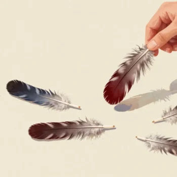 A hand holding a red striped feather above scattered feathers, the two most similar lying closest