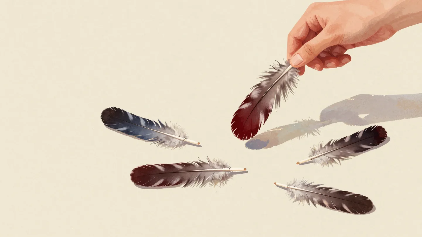 A hand holding a red striped feather above scattered feathers, the two most similar lying closest
