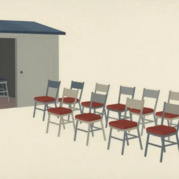 A row of garden chairs with red cushions, the chairs without cushions stacked by the shed.