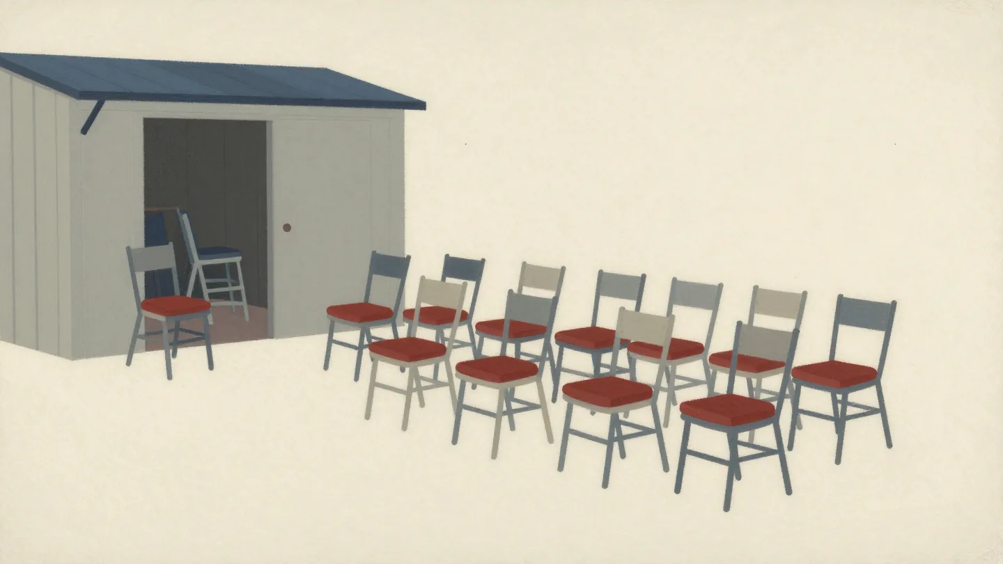 A row of garden chairs with red cushions, the chairs without cushions stacked by the shed.