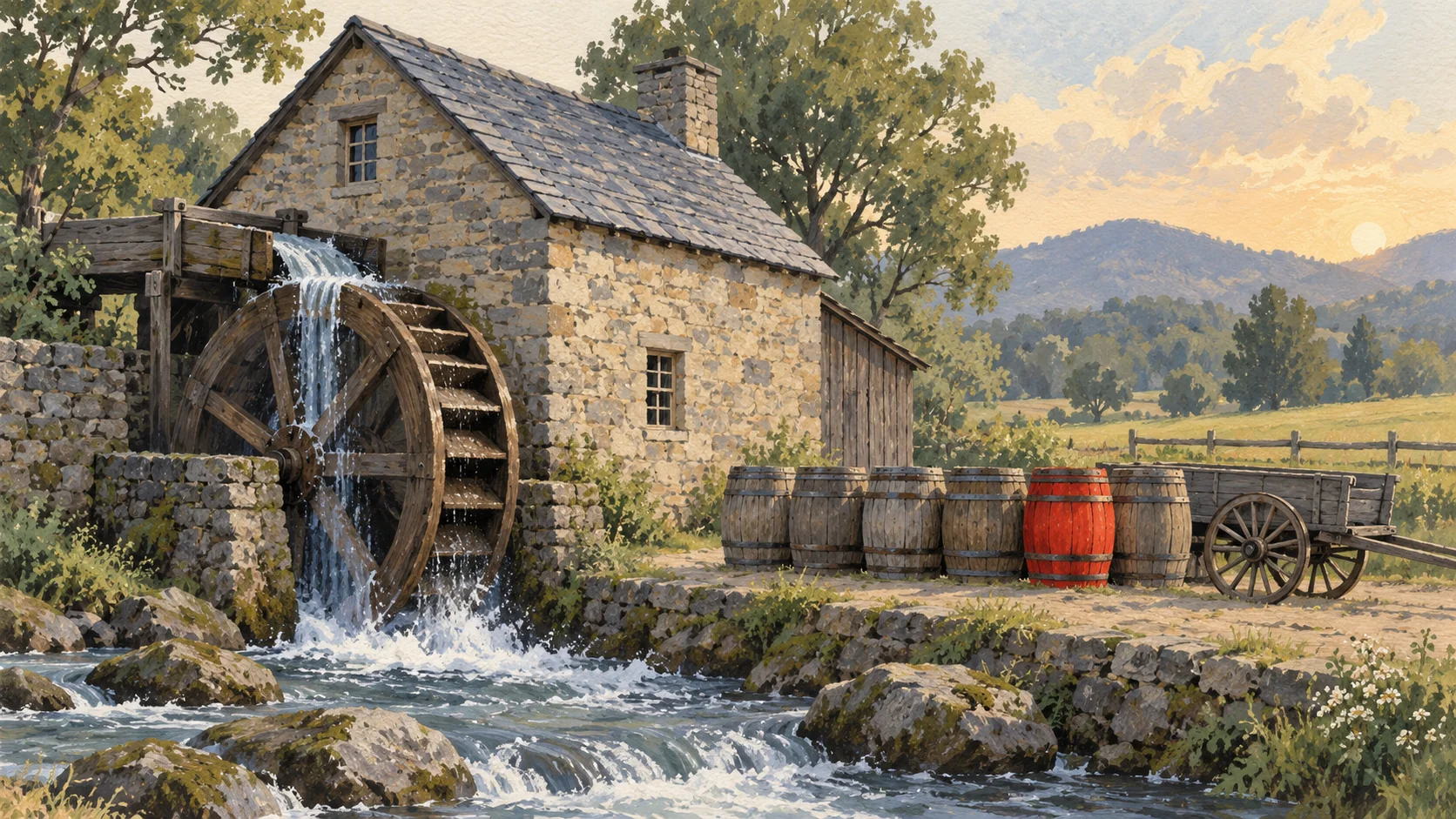 Gouache painting of a stone water mill with its wheel turning in a steadily flowing stream, and beside it a row of wooden barrels waiting for a cart, one barrel painted vermilion.